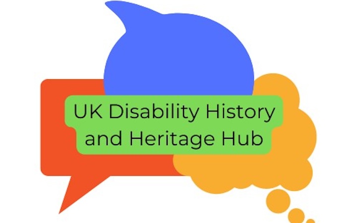 A logo which has a connecting red text bubble, blue speech bubble, and yellow thought bubble. In the centre there is black text that reads “UK Disability History and Heritage Hub”.