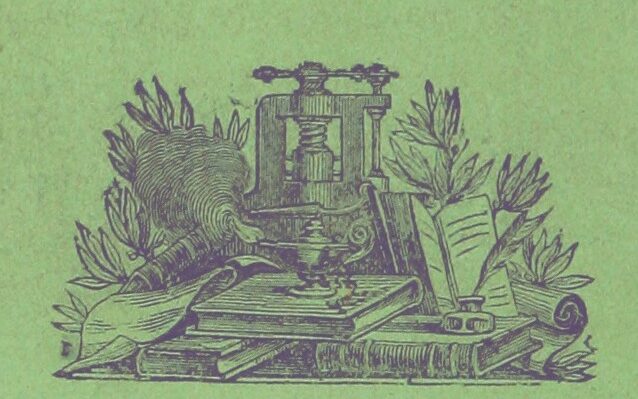 A nineteenth century illustration of a pile of books and scrolls. There is a quill resting in a pot of ink and a printing press. The background is a vibrant green colour.