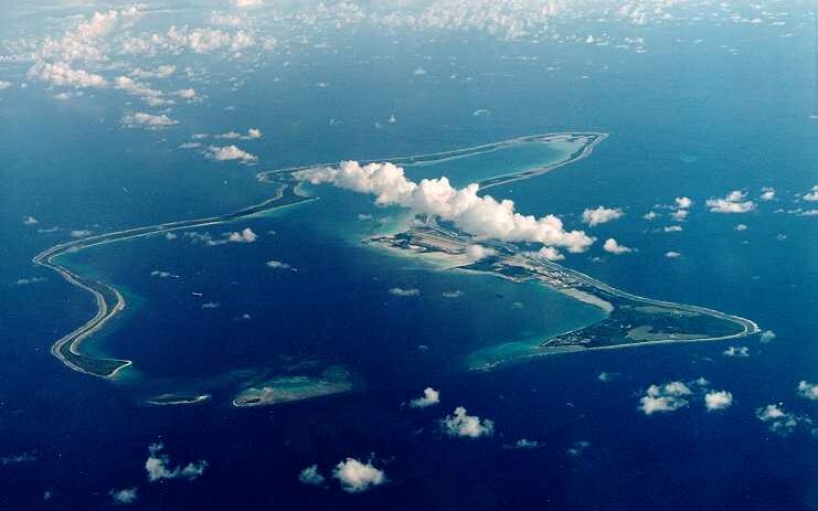 A small land mass can be seen in the middle of the ocean. This is Diego Garcia, where there are dozens of Tamil asylum seekers trapped awaiting updates from the British Government.